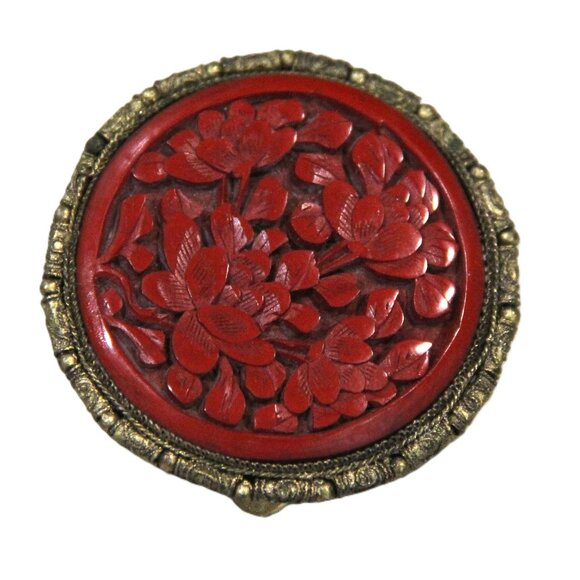 FABULOUS OLD CHINESE EXPORT CINNABAR & SILVER FILIGREE DRESS CLIP BROOCH - Picture 1 of 3
